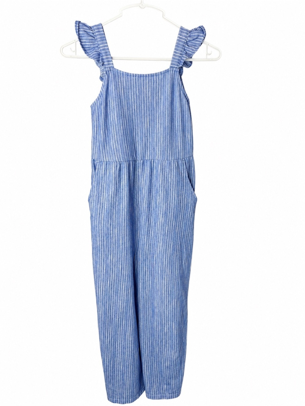 Cat & Jack Blue & White Pinstripe Ruffle Strap Jumpsuit | Girls Size M (8)